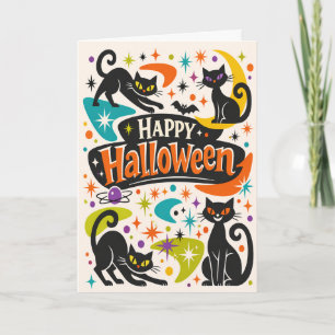 Retro Zwarte Katten Halloween Kaart