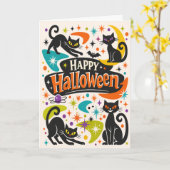 Retro Zwarte Katten Halloween Kaart (Gele Bloem)