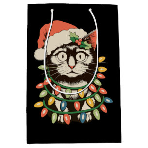 Retro Zwarte Katten Kerstverlichting Grappige Kers Medium Cadeauzakje