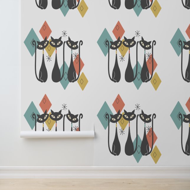 Retro zwarte katten Mid Century Modern Behang (Applicatie)