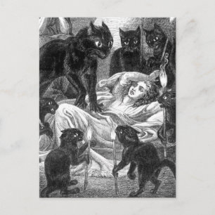 Retro zwarte kattepartijtekening uitnodiging briefkaart