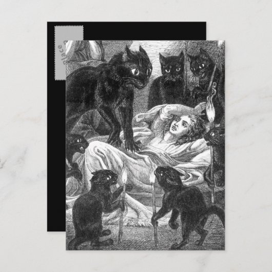 Retro zwarte kattepartijtekening uitnodiging briefkaart (Voorkant / Achterkant)