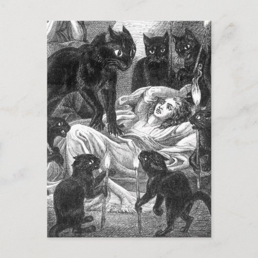Retro zwarte kattepartijtekening uitnodiging briefkaart (Voorkant)