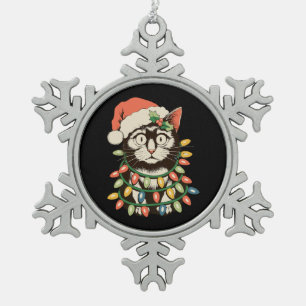 Retro Zwarte Kerstkat Lichtjes Grappige Kerstman Tin Sneeuwvlok Ornament