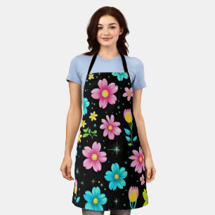 Retro Zwarte kleurrijke Bloemen Patroon Verjaardag Schort