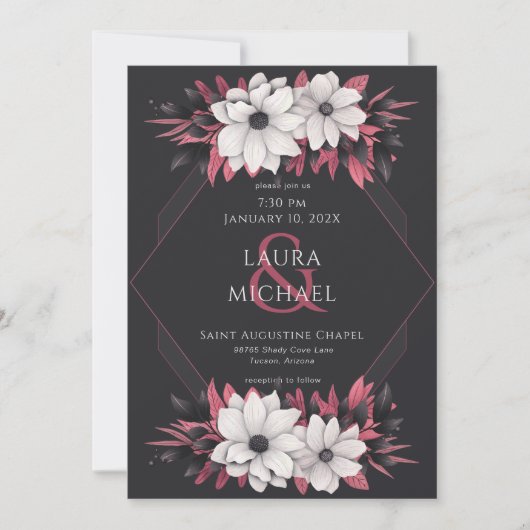 Retro zwarte magenta bloemen kaart (Voorkant)