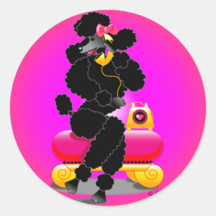 Retro zwarte poedel op telefoon ronde sticker