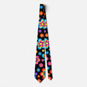 Retro Zwarte Regenboog Bloemen Patroon Necktie Stropdas
