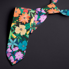 Retro Zwarte Regenboog Bloemen Patroon Stropdas