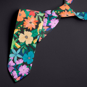 Retro Zwarte Regenboog Bloemen Patroon Stropdas