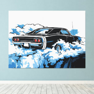 Retro Zwarte Spierauto Achter Pop Art Illustratie Canvas Afdruk