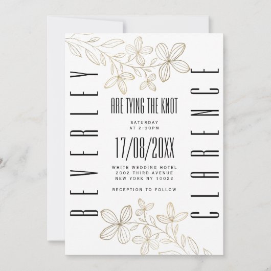 Retro zwarte typografie witte goudflorale bruiloft kaart (Voorkant)