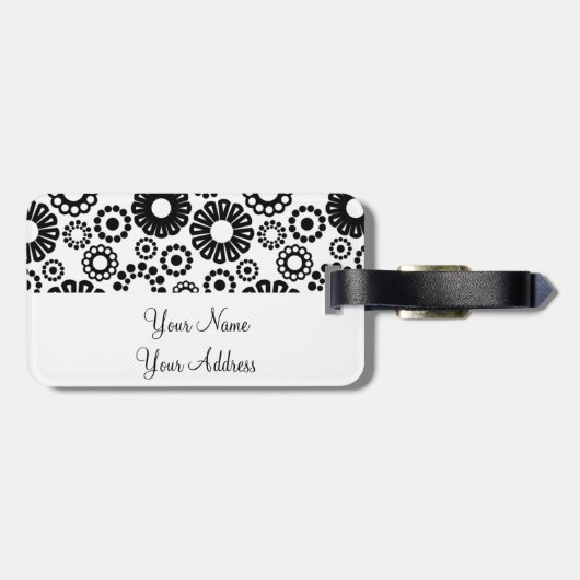 Retro zwarte witte bloemen Bagagelabel (Achterkant horizontaal)