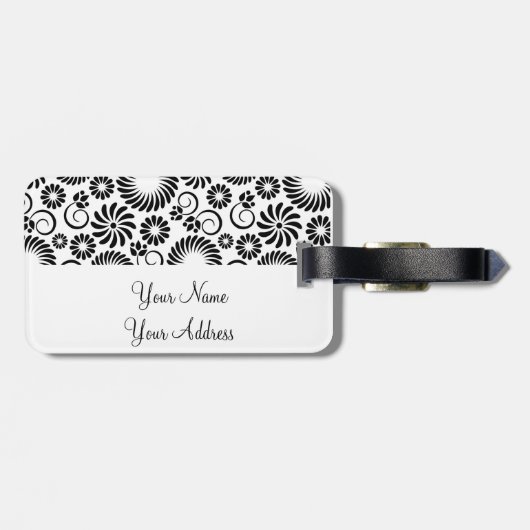 Retro zwarte witte bloemen Bagagelabel (Achterkant horizontaal)