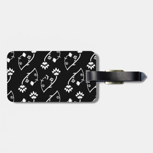 Retro zwarte witte bloemen Bagagelabel (Achterkant horizontaal)
