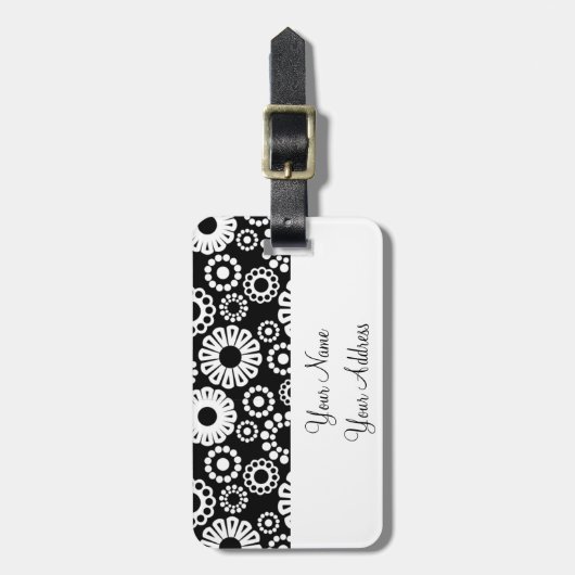 Retro zwarte witte bloemen Bagagelabel (Voorkant verticaal)