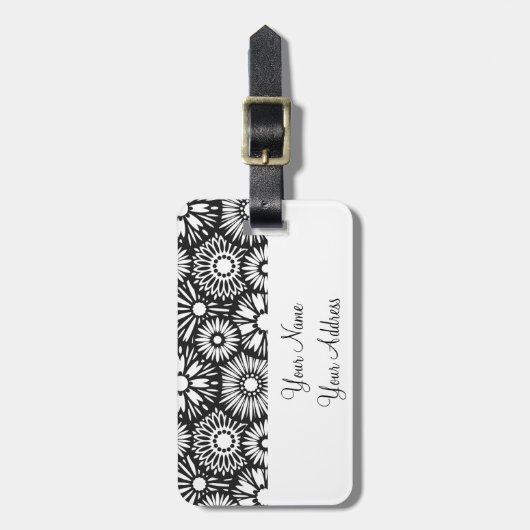 Retro zwarte witte bloemen Bagagelabel (Voorkant verticaal)