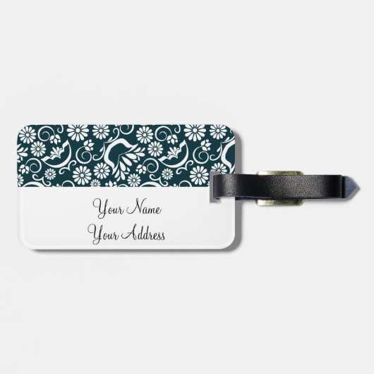 Retro zwarte witte bloemen Bagagelabel (Achterkant horizontaal)