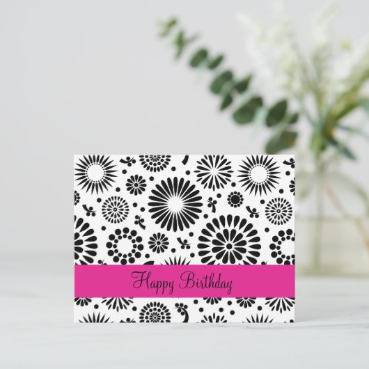 Retro zwarte witte bloemen Briefkaart (Staand voorkant)