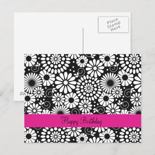 Retro zwarte witte bloemen Briefkaart (Voorkant / Achterkant)