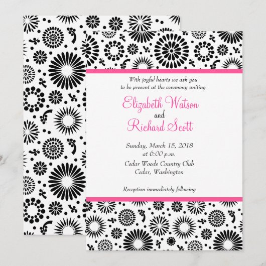 Retro zwarte witte bloemen bruiloft kaart (Voorkant / Achterkant)