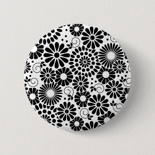 Retro zwarte witte bloemen Button (Voorkant)