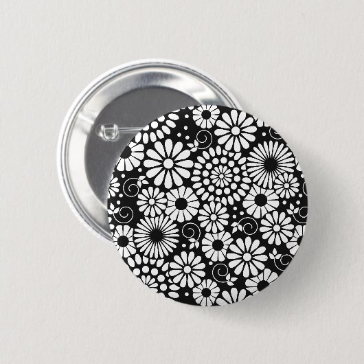 Retro zwarte witte bloemen Button (Voorkant /achterkant)
