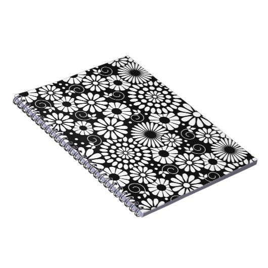 Retro zwarte witte bloemen Notitieboek (Rechterzijde)