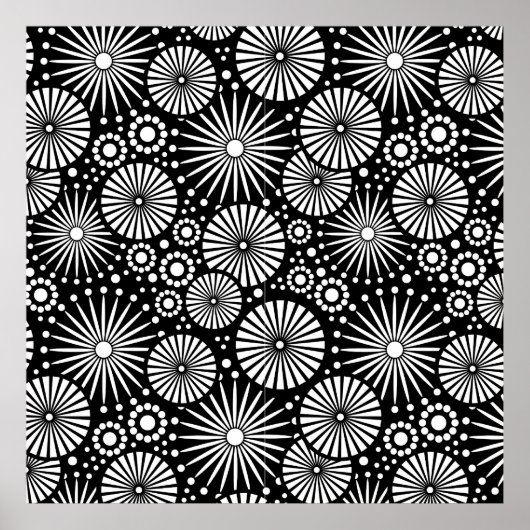 Retro zwarte witte bloemen Poster (Voorkant)