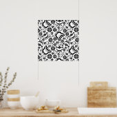 Retro zwarte witte bloemen Poster (Keuken)