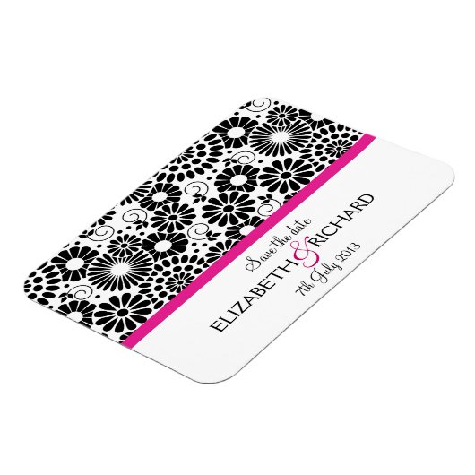 Retro zwarte witte bloemen 'Save the date' magneet (Linkerzijde)