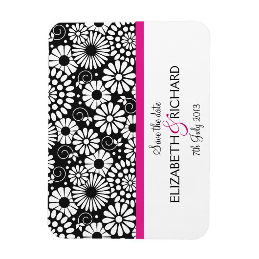 Retro zwarte witte bloemen 'Save the date' magneet (Verticaal)