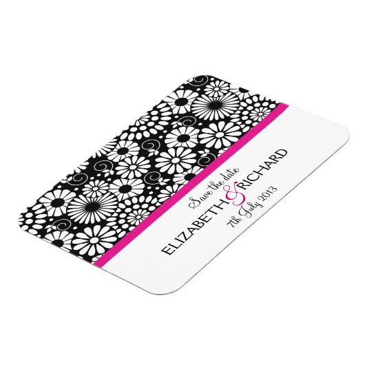 Retro zwarte witte bloemen 'Save the date' magneet (Linkerzijde)