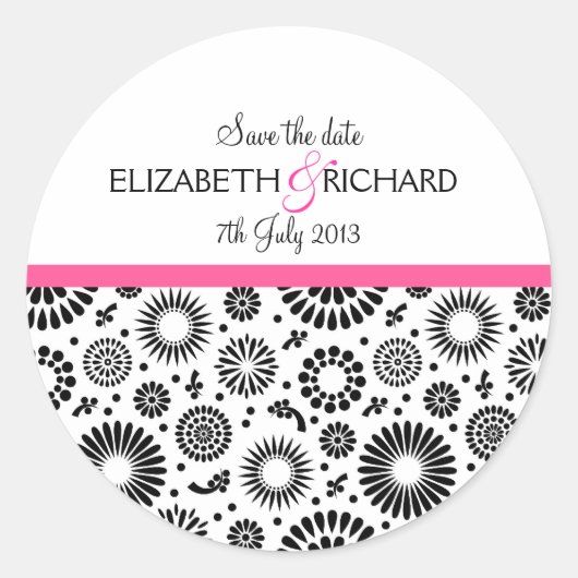 Retro zwarte witte bloemen "Save the Date"-Sticker Ronde Sticker (Voorkant)