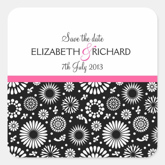 Retro zwarte witte bloemen "Save the Date"-Sticker Vierkante Sticker (Voorkant)