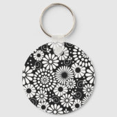 Retro zwarte witte bloemen Sleutelhanger (Voorkant)