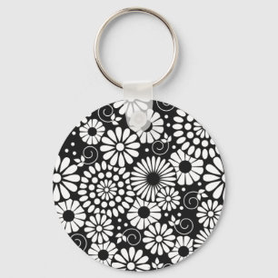 Retro zwarte witte bloemen Sleutelhanger