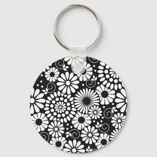 Retro zwarte witte bloemen Sleutelhanger (Voorkant)