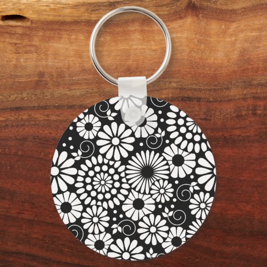 Retro zwarte witte bloemen Sleutelhanger (Voorkant)