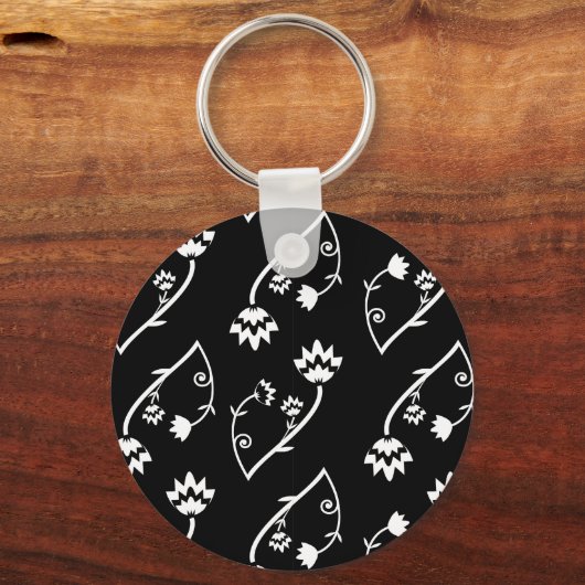 Retro zwarte witte bloemen Sleutelhanger (Voorkant)