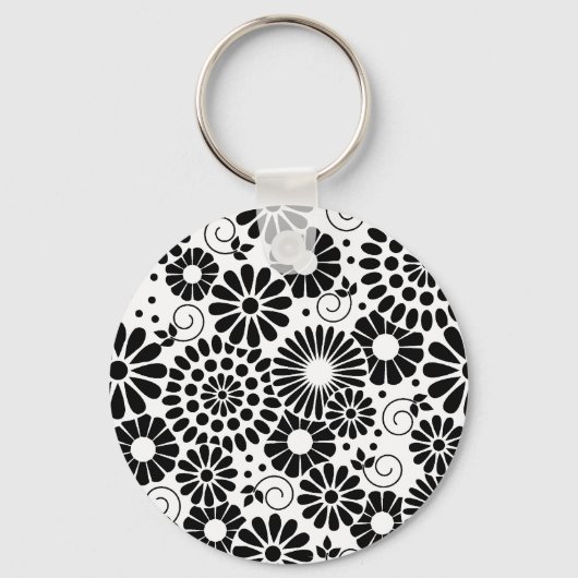 Retro zwarte witte bloemen Sleutelhanger (Voorkant)