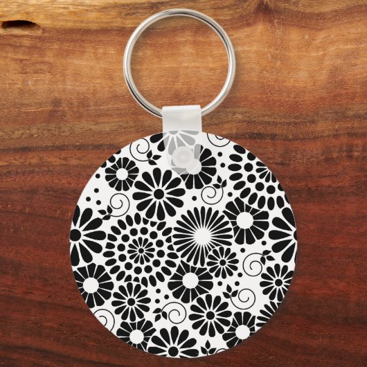 Retro zwarte witte bloemen Sleutelhanger (Voorkant)