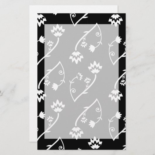 Retro zwarte witte bloemen Stationery Briefpapier (Voorkant / Achterkant)