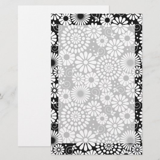 Retro zwarte witte bloemen Stationery Briefpapier (Voorkant / Achterkant)