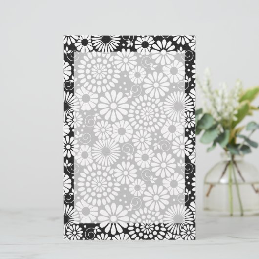 Retro zwarte witte bloemen Stationery Briefpapier (Staand voorkant)