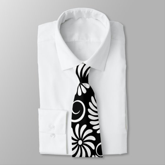 Retro zwarte witte bloemen Stropdas (Gebonden)