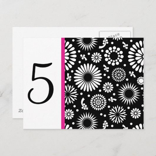 Retro zwarte witte bloemen Tabelnummer Briefkaart (Voorkant / Achterkant)