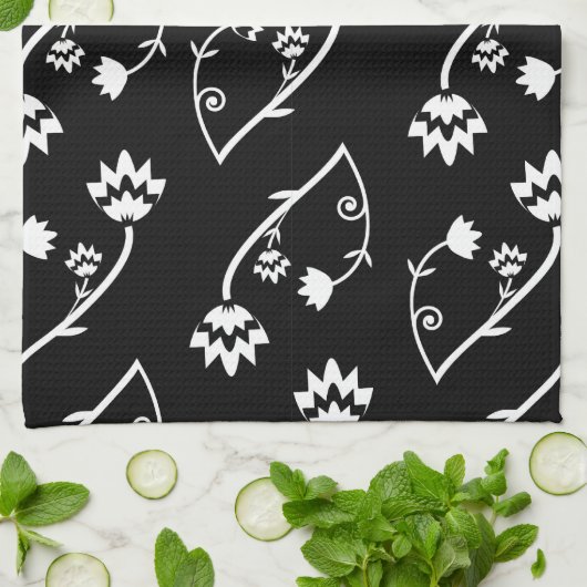 Retro zwarte witte bloemen Towel Theedoek (Gevouwen)