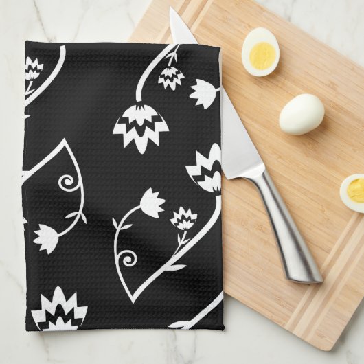 Retro zwarte witte bloemen Towel Theedoek (Quarter Fold)