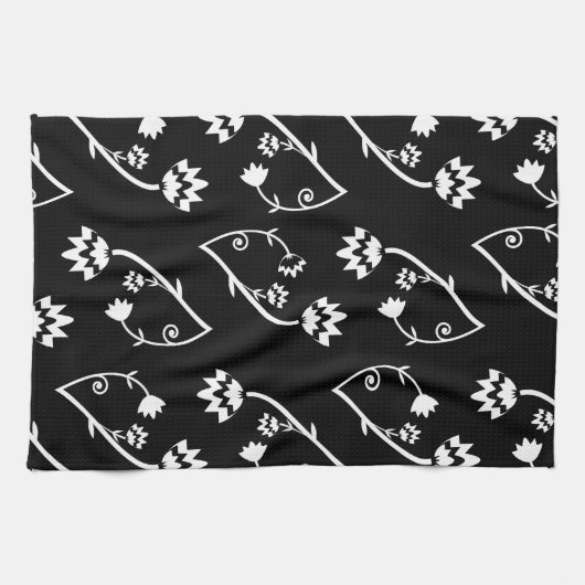 Retro zwarte witte bloemen Towel Theedoek (Horizontaal)